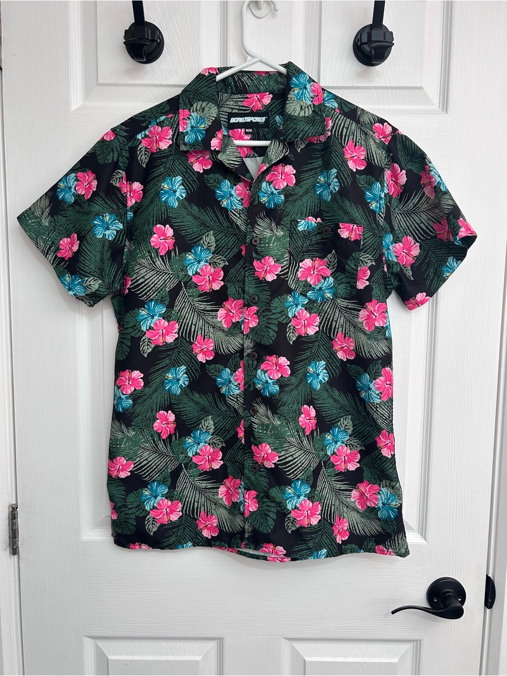 Casual Floral Short-Sleeve Button-Down Shirt - Black with Pink & Blue Flowers